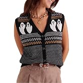 Halloween Sweater Vests for Women Holiday Sleeveless Button Down Cardigan | Button Up Sleeveless V Neck Halloween Clothes Halloween Sweater Vests Ghost Cat Cardigan Vest Halloween Holiday Tank Top