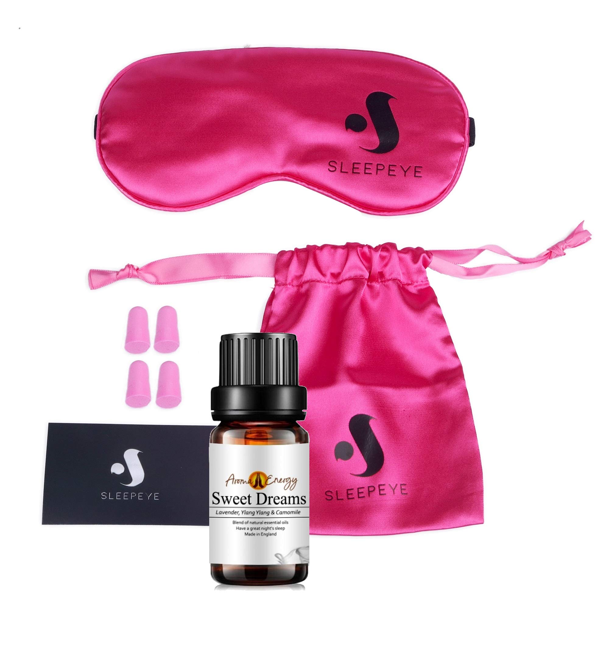 Sleep Mask Ear Plug Sweet Dreams Essential Oil 10ml Set - Pink - Silk Sleeping Eye Mask Soft Natural Cotton Filled Adjustable Strap with Travel Carry Bag