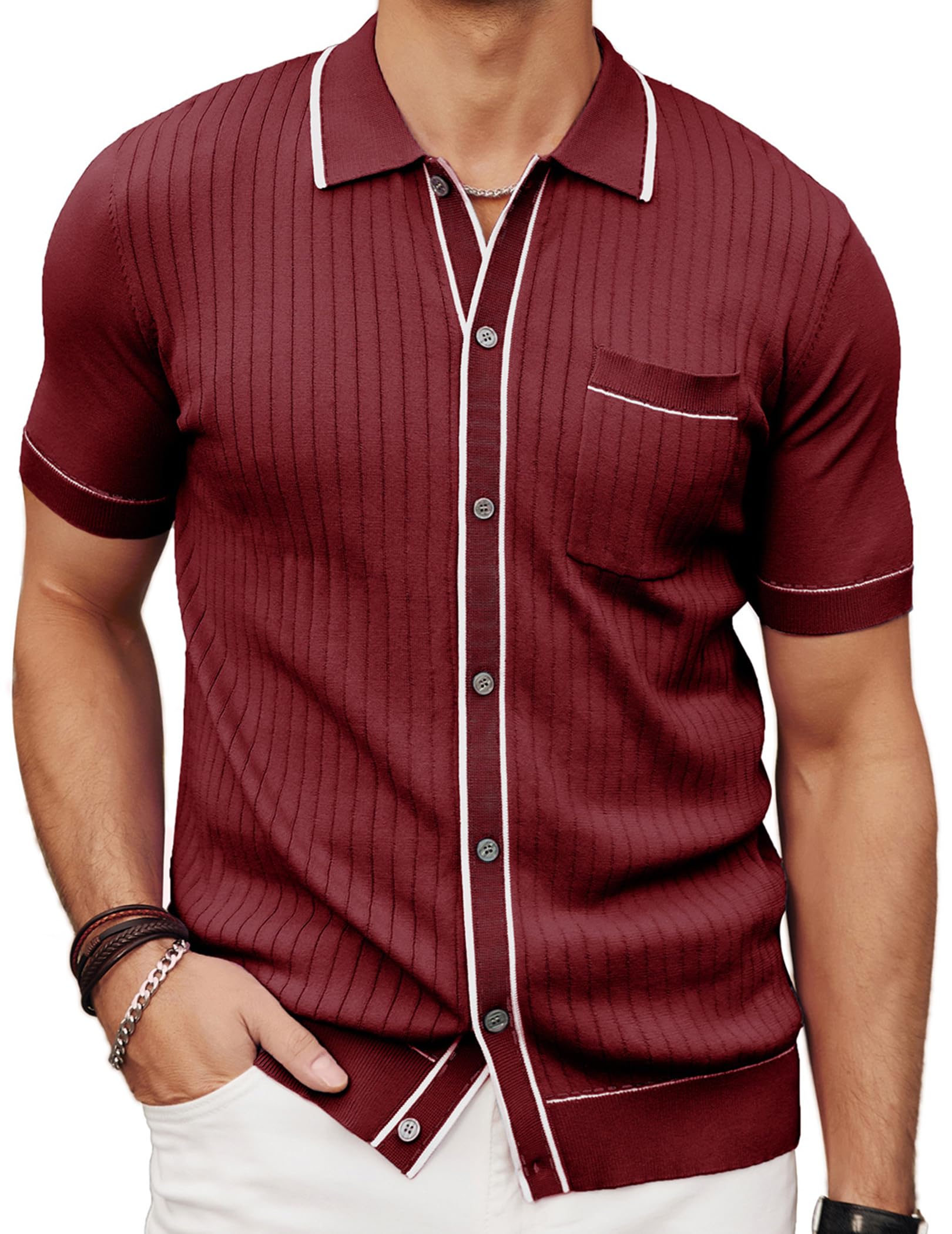 Photo 1 of PJ PAUL JONES Mens Knit Polo Shirts Vintage Short Sleeve Button Down Crochet Shirts Knitted Textured Polo Beach Burgundy S