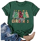Christmas Tree Shirt for Women Merry Christmas Printed T-Shirts Leopard Plaid Short Sleeve Holiday Tee Xmas Gift Tops