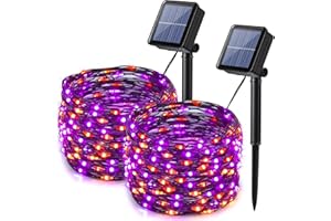 Lomotech 2 Pack Solar Lights, 33ft 100LED Orange Purple Twinkle Fairy Lights Waterproof 8 Modes Outdoor for Halloween Party DIY Decoration Black Wire