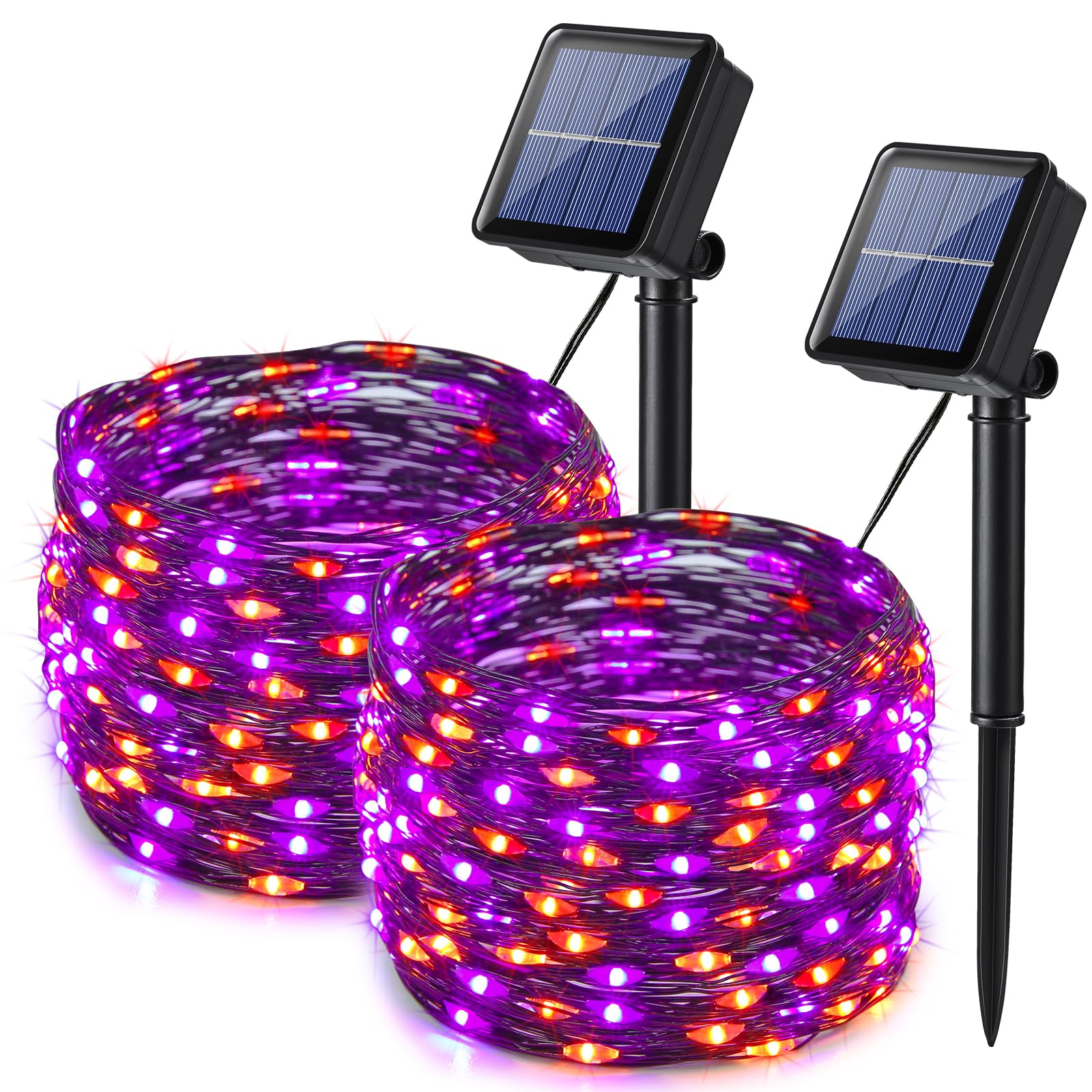 Photo 1 of Lomotech 2 Pack Solar Lights, 33ft 100LED Orange Purple Twinkle Fairy Lights Waterproof 8 Modes Outdoor for Halloween Party DIY Decoration Black Wire