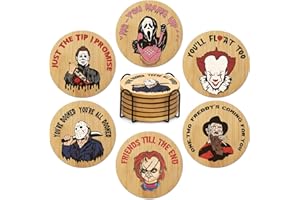 TUTUART 6Pcs Horror Movie Character Spooky Coasters Gift Set with Holder - Horror Movie Accessories Bar Coaster for Party Decor, Unique Halloween Round Coasters for Halloween Coffee Table Spooky Kitchen Decor