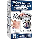 15 Compression Bags for Travel, Roll Up Space Saver Bags for Travel, Saves 80% of Storage Space, Travel Compression Bags for