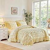 Flysheep Yellow Plaid Seersucker Comforter Set with Ruffled Fringe Queen Size, 3 Pieces Lightweight Soft Fluffy Farmhouse Bedding Set for All Season, Elegant Bed Set with Ruffle Shams (Yellow, Queen)