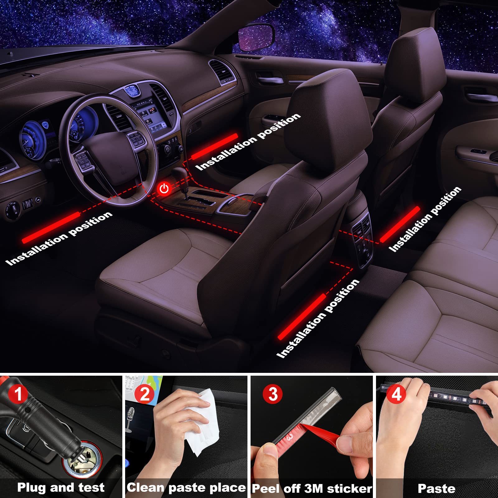 4Pcs 48 LED Car Interior Strip Lights Kit - Multicolor Music Sync With Remote, 12V