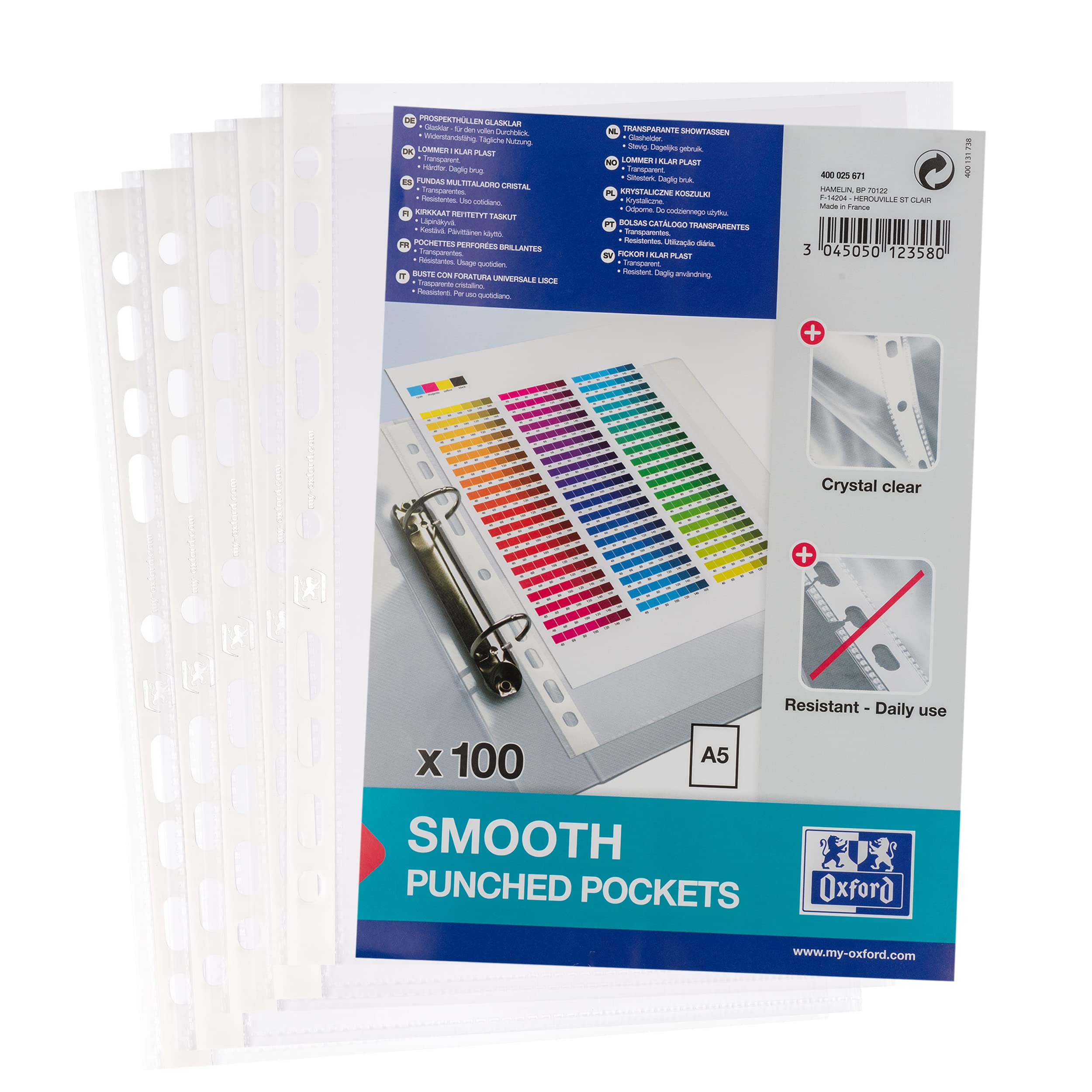 Oxford A5 Punched Pockets, 60 Micron, Bag of 100, Glass Clear Plastic Wallets