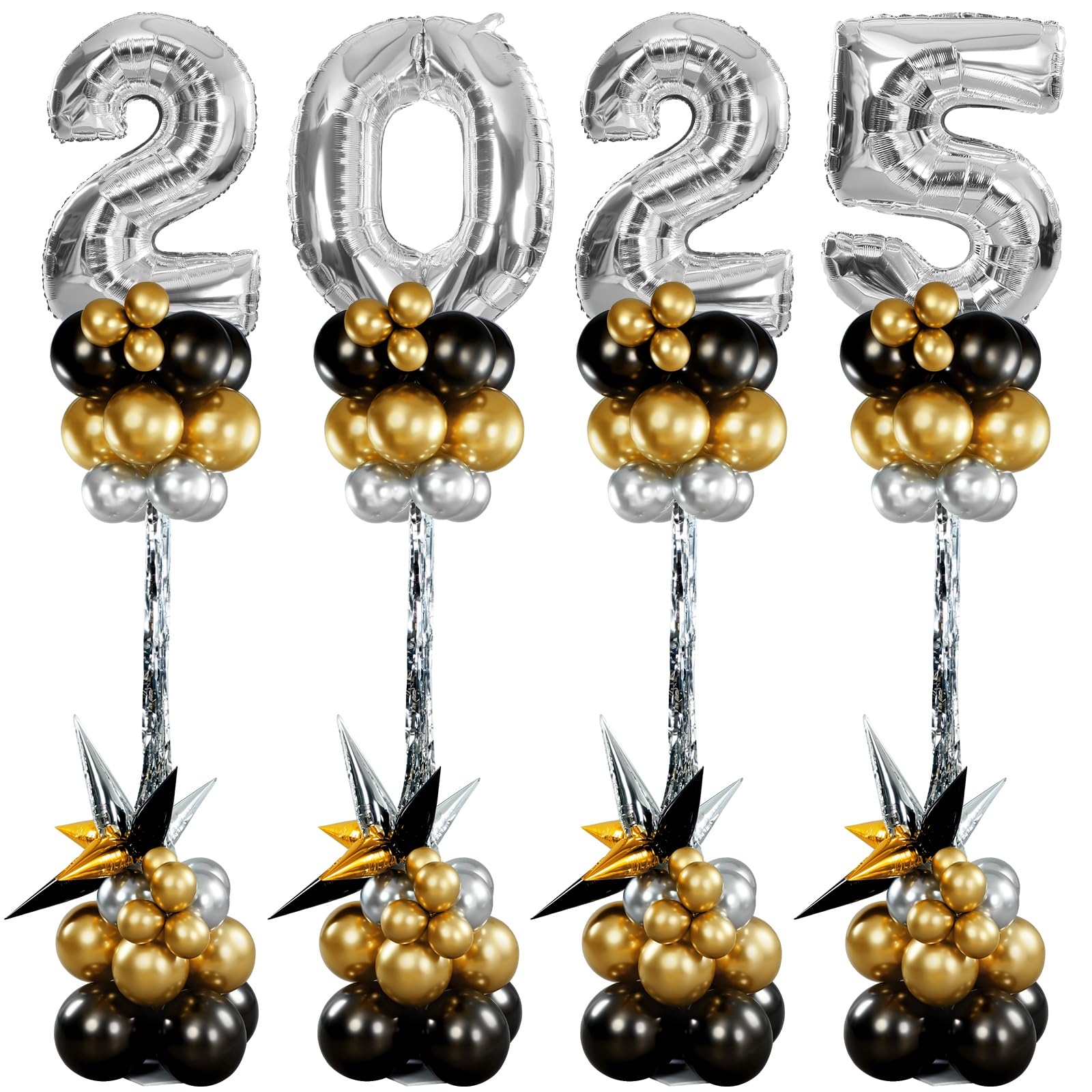 Photo 1 of RoundFunny 4 Sets 2025 Graduation Balloon Column Stand Kit 6.6ft Height Adjustable Balloon Column Kit 2025 Balloon and Black Gold Sliver Balloon Tower Set for Class of 2025 Graduation Party Decor