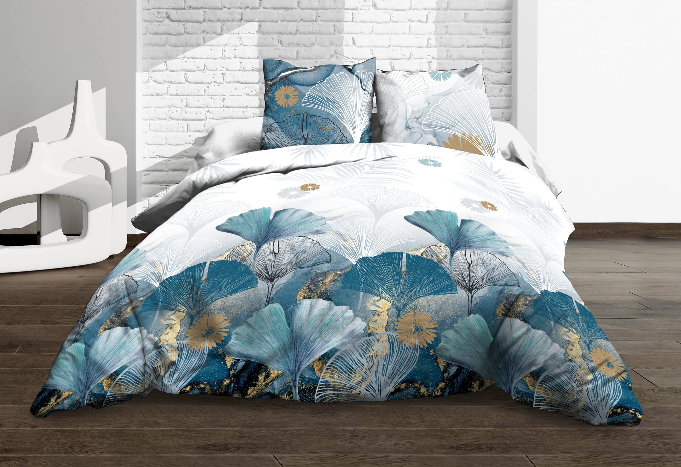 Le linge de Jules Duvet Cover 220 x 240 cm + 2 Pillowcases – Pure Cotton 57 Thread Count – Ginko Blue