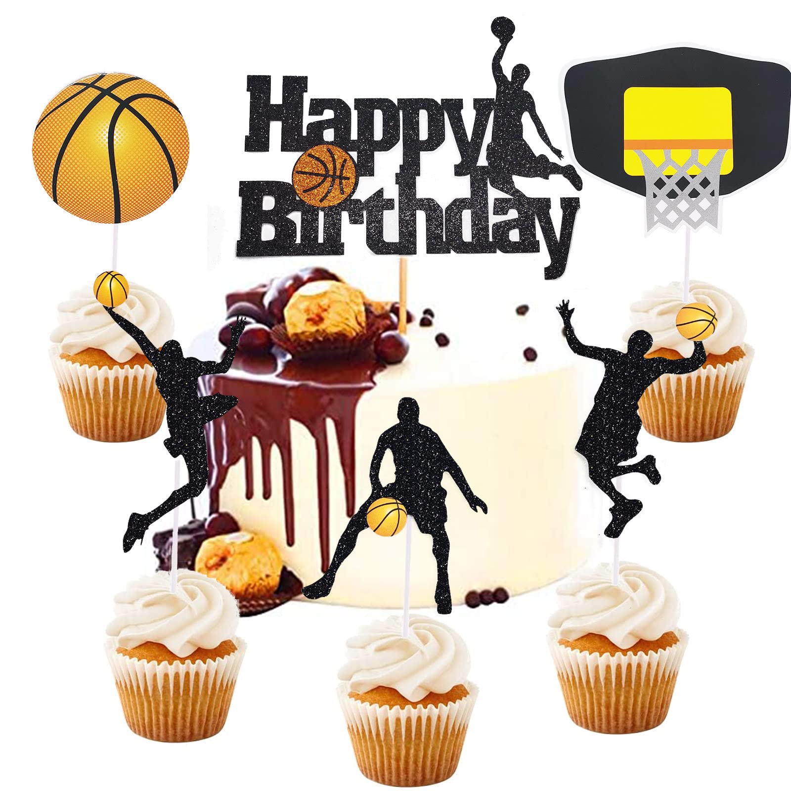 Bymivofun 11 Pcs Basketball Cake Toppers, Glitter Basketball Birthday Toppers, Black Glitter Basketball Cake Decoration, for Man Boy Birthday Event Party Supplies Black Glitter