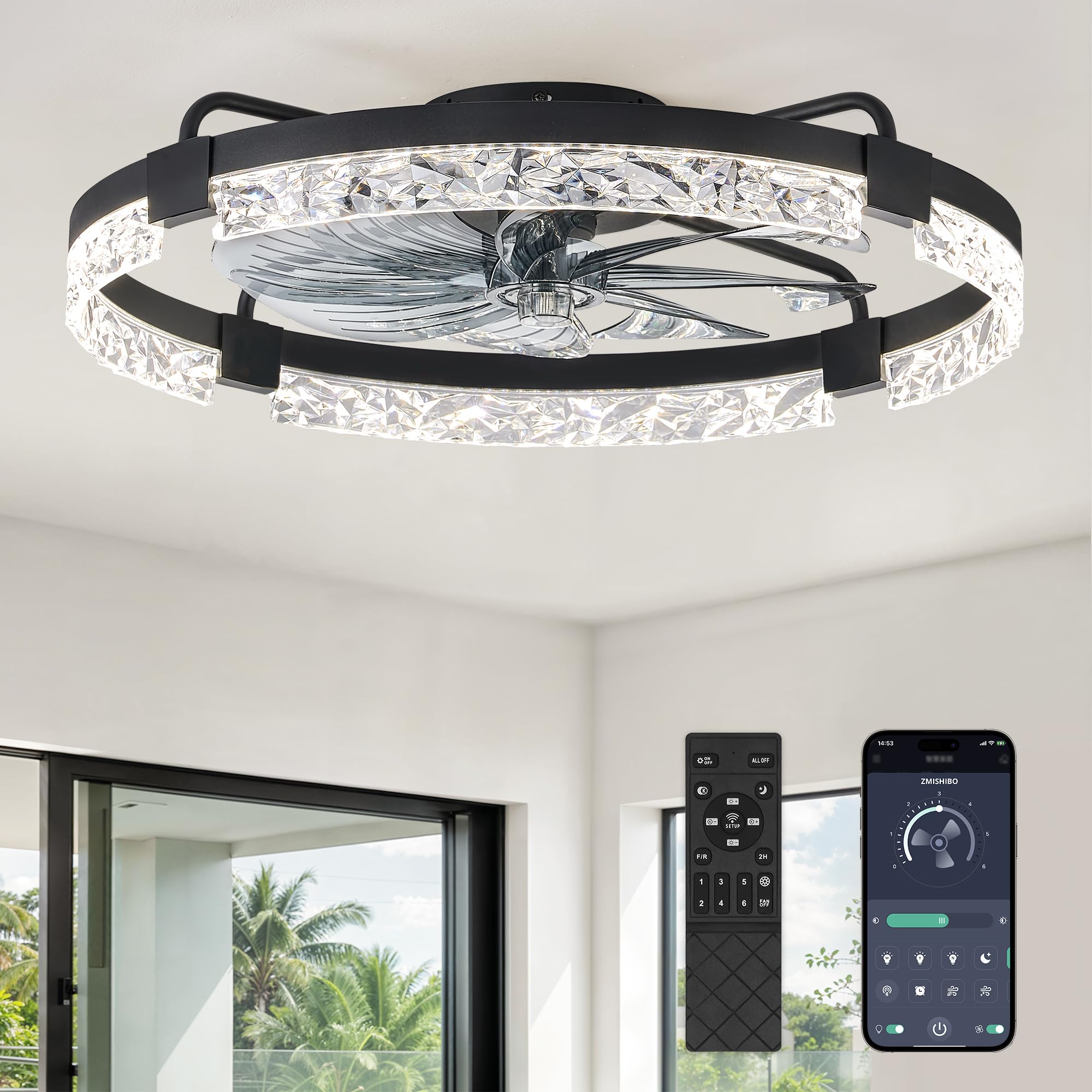 ZMISHIBO Ceiling Fans with Lights and Remote, 24 Inch Flush Mount Fan Light, 6 Speeds, 3CCT, Dimmable, Low Profile Ceiling Fan, Modern Ceiling Fan with Light for Bedroom and Living Room, Black Image ZMISHIBO Ceiling Fans with Lights and Remote, 24 Inch Flush Mount Fan Light, 6 Speeds, 3CCT, Dimmable, Low Profile Ceiling Fan, Modern Ceiling Fan with Light for Bedroom and Living Room, Black Image