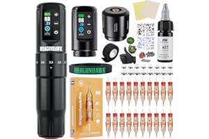 Dragonhawk Atom2 Pro Complete Tattoo Kit with 2 Batteries 7 Strokes Cordless Tattoo Gun Machine 2000mAh for Long Sessions Cartridge Machine for Beginners