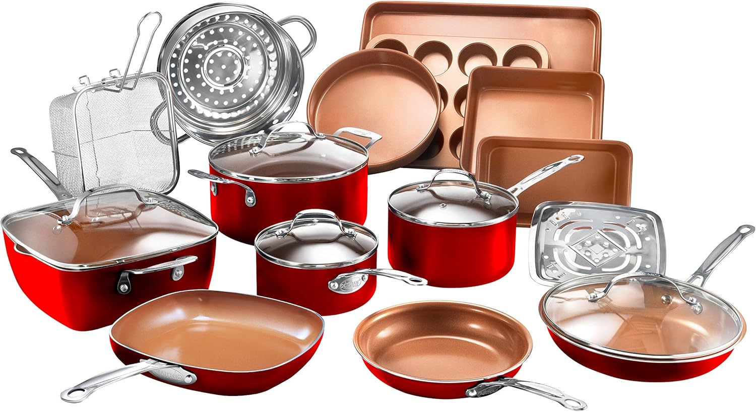 Gotham Steel Cookware + Bakeware Set with Nonstick Durable Ceramic Copper Coating – Includes Skillets, Stock Pots, Deep Square Fry Basket, Cookie Sheet and Baking Pans, 20 Piece, Graphite: Kitchen & Dining