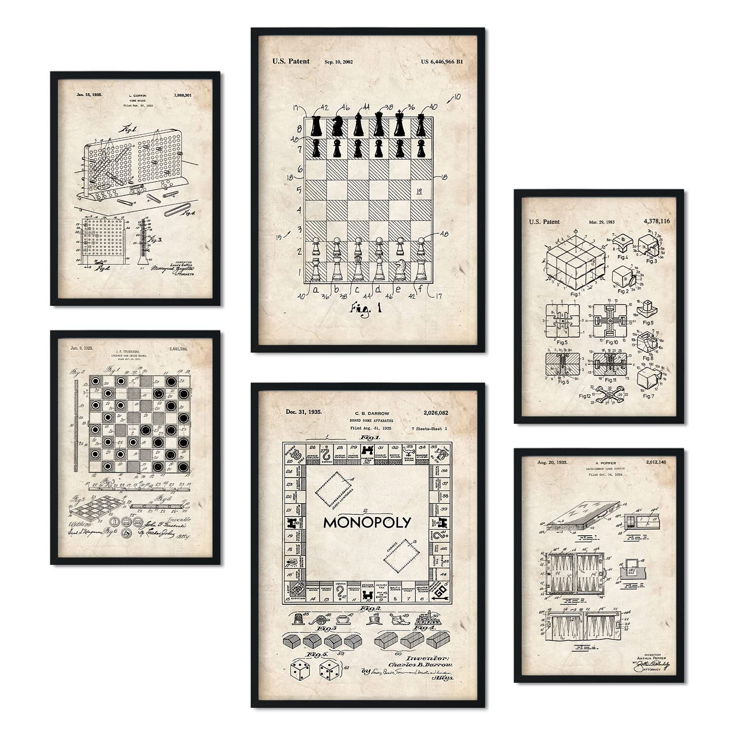 Nacnic Set of 6 Board Games patent prints. Posters with retro patent illustrations for your home, shop, office... Vintage style interior decoration. A4 and A3 sizes. No frame.