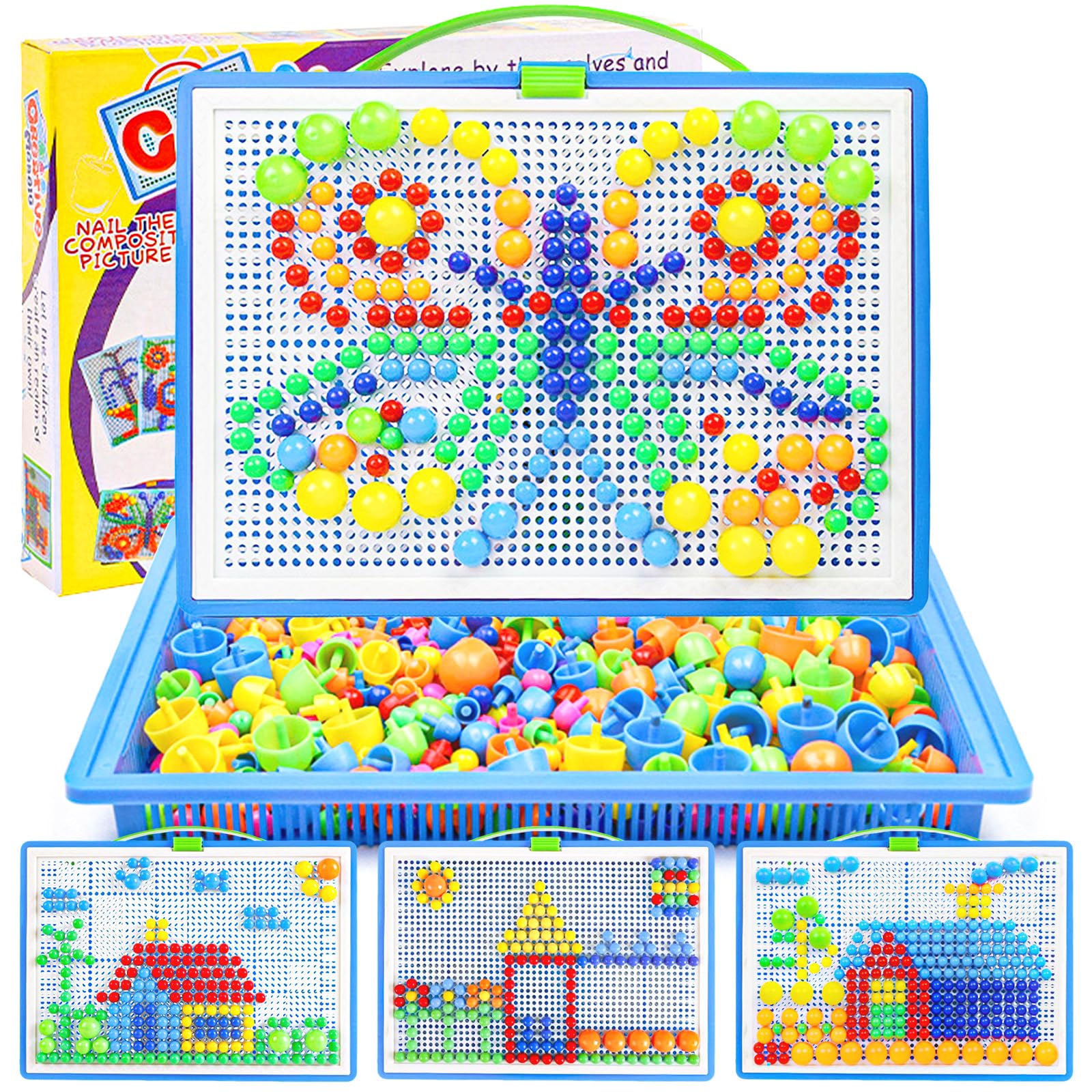 Elezeal 380 pcs Mushroom Nails Pegboard Creative Puzzle Blocks Mix Colourful Building Bricks Educational DIY Mosaic Toys for Kids Toddlers Birthday Gift for Boys Girls
