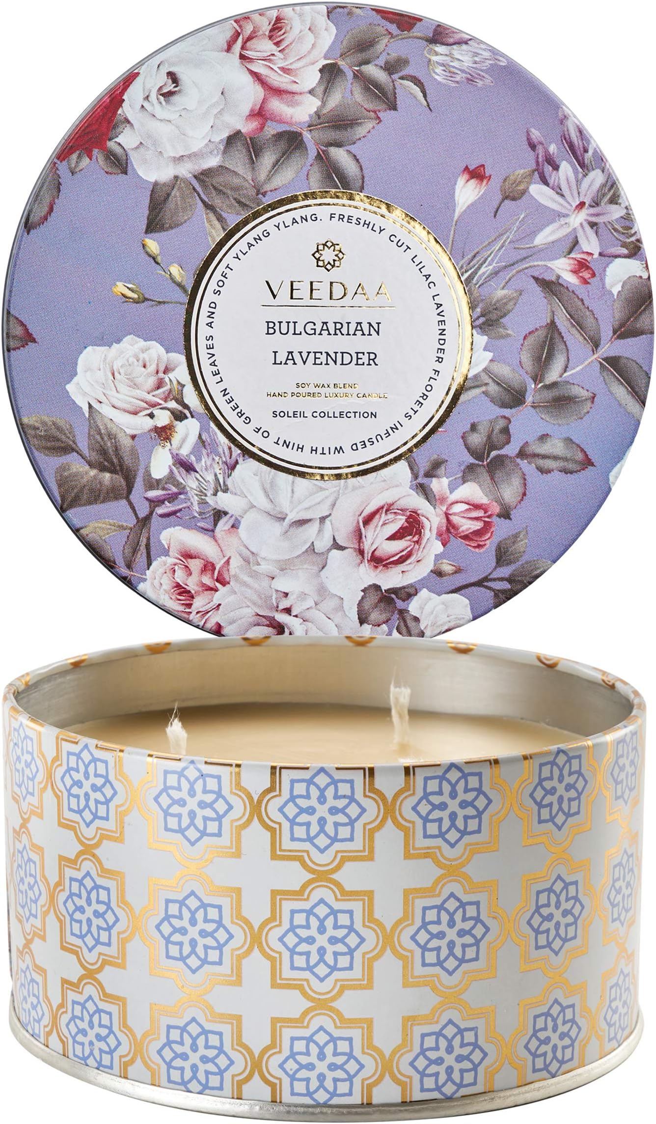 VEEDAA Soy Wax Blend, Essential Oils Bulgarian Lavender 3 Wick Metallic Tin Soy Scented Candle (Burns 40 Hours)