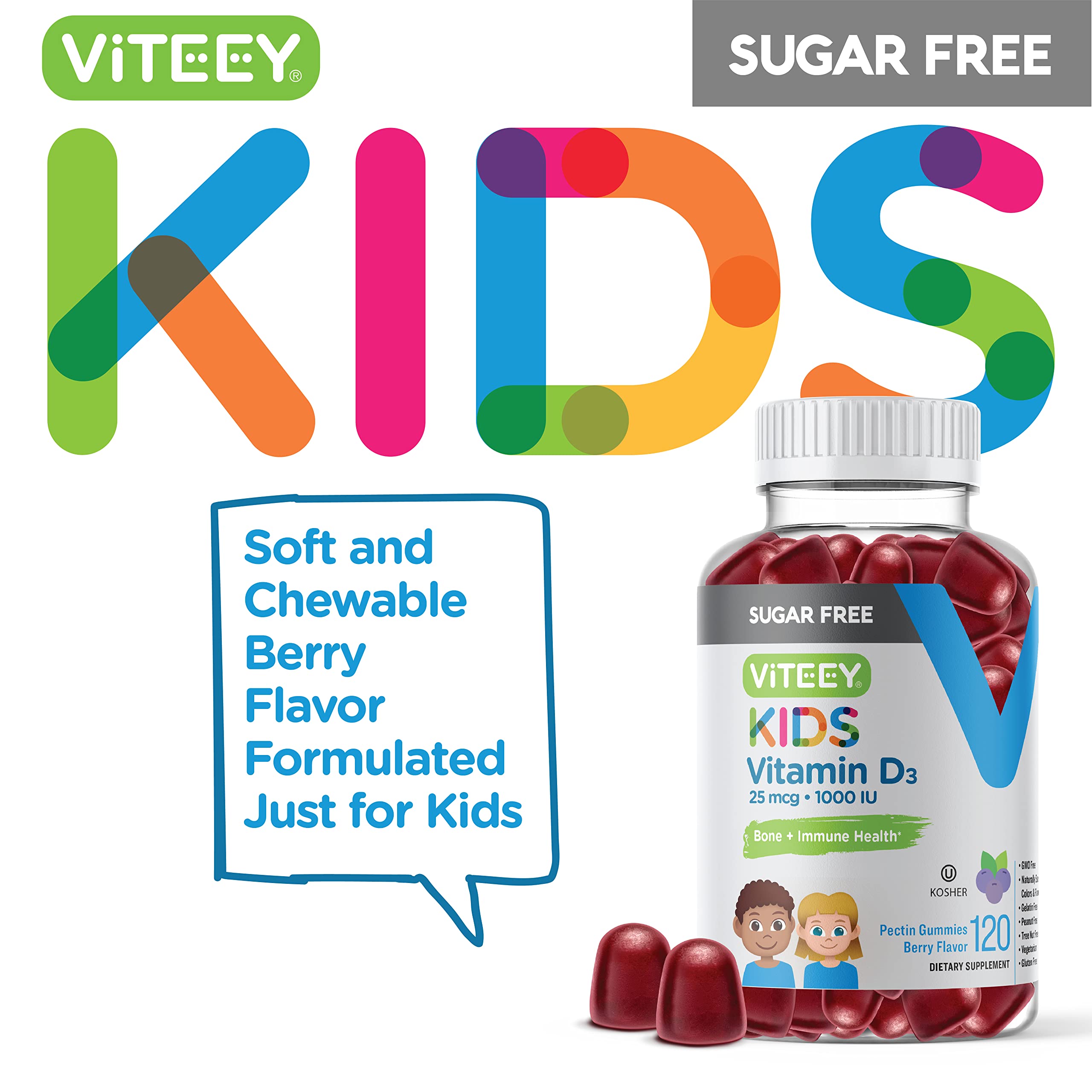 Vtamin D3 Kids Gummies 25mcg 1000 IU - Sugar Free - Bone Health, Immune Health, Joint Muscle Support - Vegetarian, Gelatin Free, Gluten Free, GMO Free - Tasty Chewable Berry Flavored Gummy