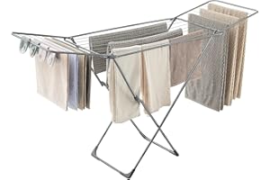 SONGMICS Clothes Drying Rack, Metal Laundry Drying Rack, Foldable, Space-Saving, Free-Standing Airer, with Gullwings, Indoor Outdoor Use, Bed Linen Clothing, Gray ULLR540G01