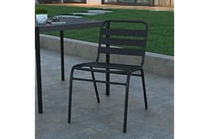 EMMA + OLIVER Jens Stacking Metal Dining Chair - Indoor/Outdoor Dining Chair with Triple Slat Back - Dry Assist Slats - Black