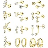 BESTEEL Hypoallergenic Flat Back Earrings Set - 14K Gold Plated Cartilage Earrings for Women Surgical Steel Flatback Stud Hoop Earring Stacks for Helix Tragus Conch Piercing Jewelry (Singles & Pairs)