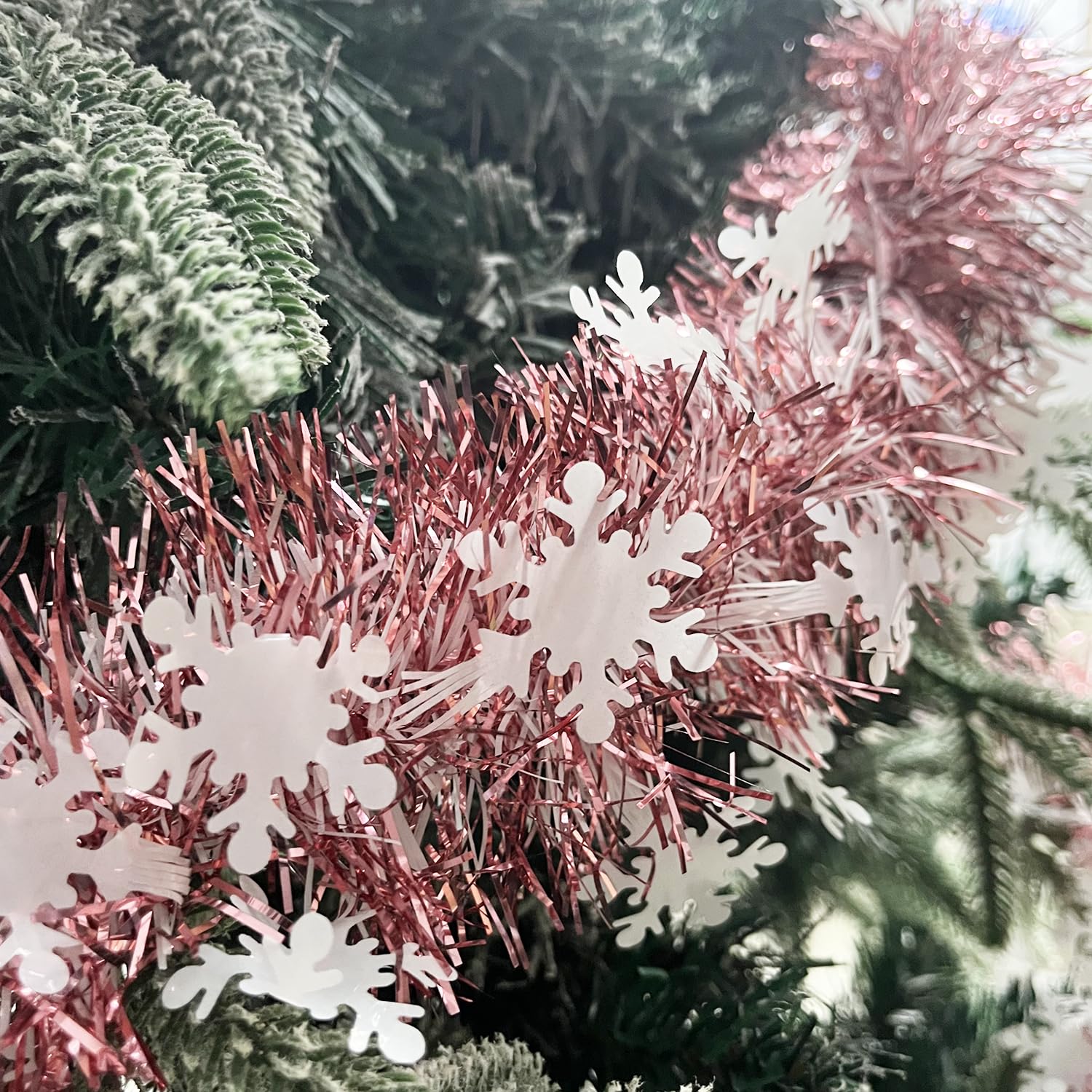 Rose Gold Snowflake Tinsel Garland, 10m / 32.8ft Metallic Shiny Thick Hanging Decorations for Christmas Party Home Decorations