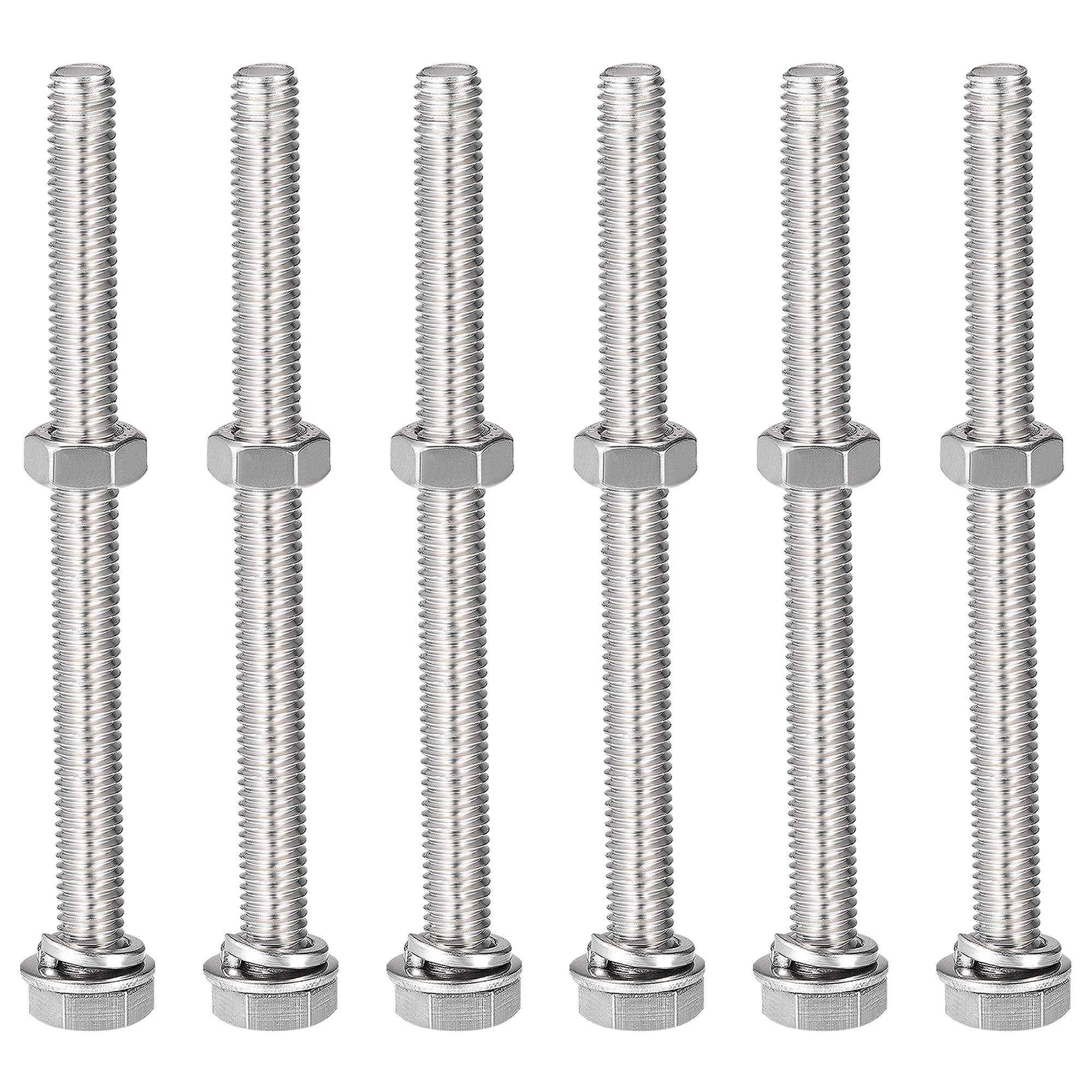 sourcing map M8 x 100mm Hex Head Screws Bolts, Nuts, Flat & Lock Washers Kits, 304 Stainless Steel Fully Thread Hexagon Bolts 6 Sets — image 1
