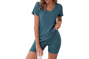 Ekouaer Biker Short Sets Women 2 Piece Outfits Ribbed Pajama Short Sleeve Workout Set