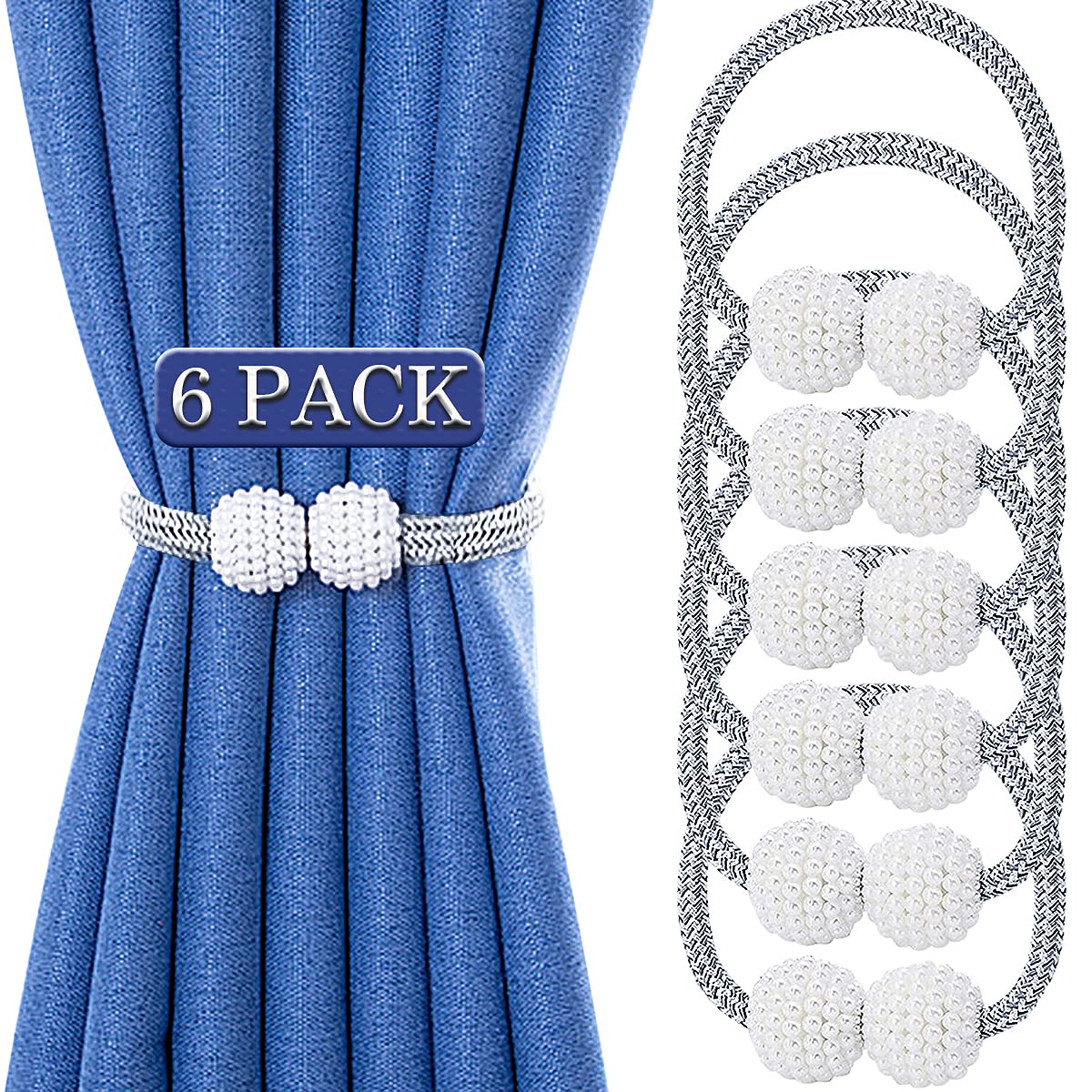 Magnetic Curtain Tiebacks (6 Pack),Modern Pearl Curtain Drapes Clips Rope Holdbacks Curtain Holder Buckles,Weave Rope Drape Tie Backs For Home Office Decorative (Silver Grey)