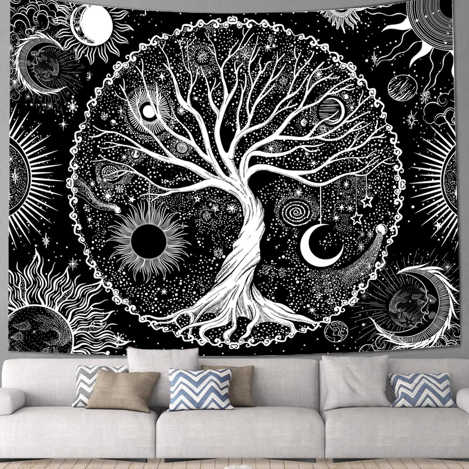 Tapestries - Avinyl Tree of Life Tapestry for Bedroom, Black and White Art Wall Hanging, Dark Grey Sun and Moon Tapestries, Star Galaxy Space Aesthetic Wall Decor for Living Dorm Room, 51in X 60in