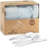 PLASTICPRO 400 Pack Disposable Plastic Utensils Assorted Colored Cutlery Combo Set Forks Spoons Knives Silverware, Clear Plastic Cutlery for Parties