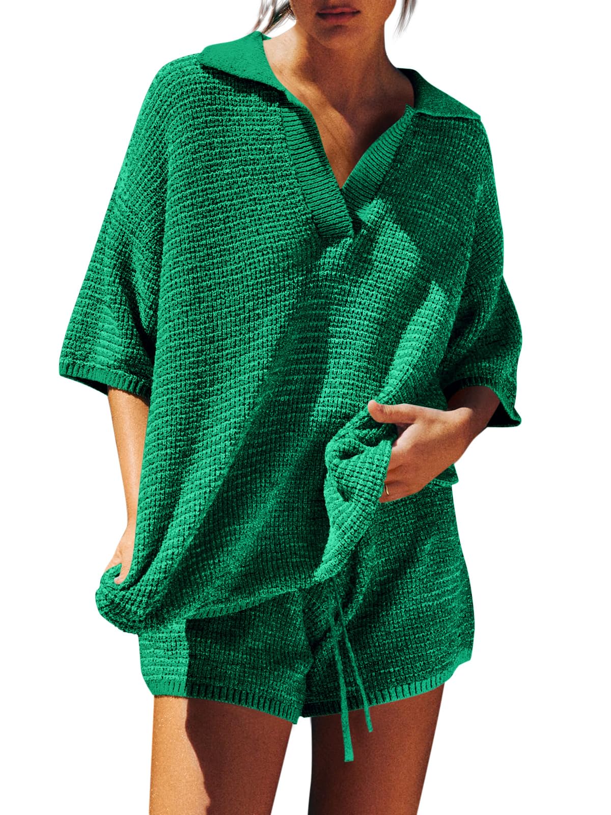 Photo 1 of **MISSING BOTTOM** Tankaneo Womens Sweater Set 2 Piece Outfits Oversized 3/4 Sleeve V Neck Knit Tops High Waisted Shorts Lounge Sets