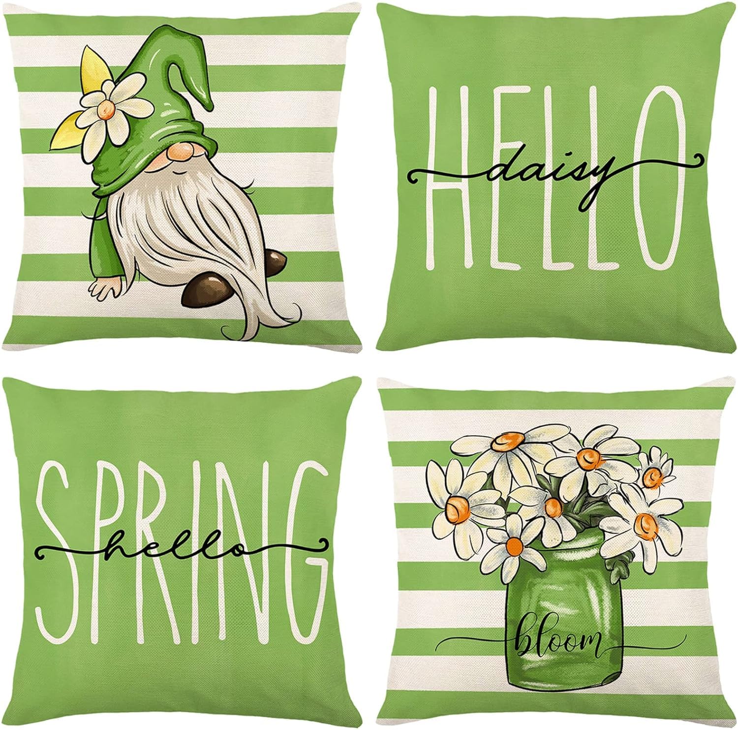 BAOKU Decorative Cushion Cover, 45 x 45 cm Set of 4 green daisy Flowers Pattern Linen Pillowcase 18 x 18 inches for Sofa Couch Bed Home Garden Outdoor Spring Decor