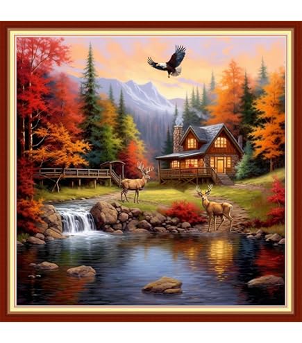 Needlepoint Kreuzstich-Set Für Erwachsene – 14 Karat Stoff, 36x36 Cm, Berg-Landschaft Mit Blumen, Inkl. Garn & Nadel
