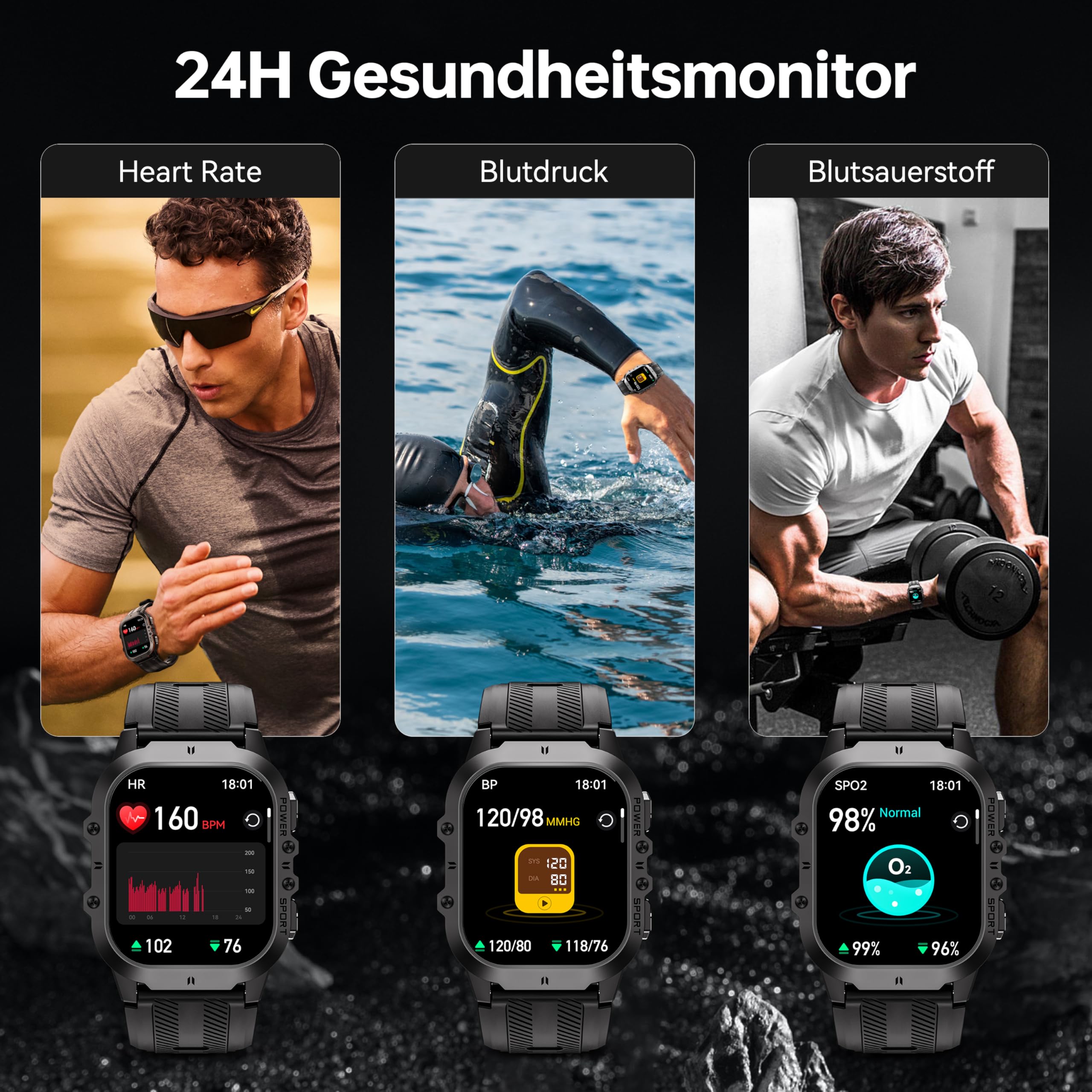 OUKITEL BT20 Smartwatch Herren Militär Wasserdicht 5ATM, Sportuhren Fitnessuhr Herren mit Telefonfunktion, AMOLED Touchscreen 120+Sportmodi mit Pulsmesser Schlafmonitor Schrittzähler für iOS/Android