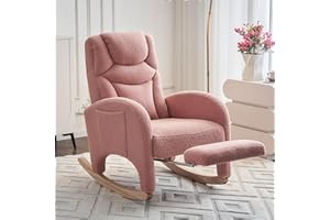 ALAKFORM Nursery Rocking Chair with Foot Rest,Upholstered Teddy Glider Rocker with Solid Wood Legs, Accent Nursing Arm Chair for Living Room/Bedroom/Nursery,Pink