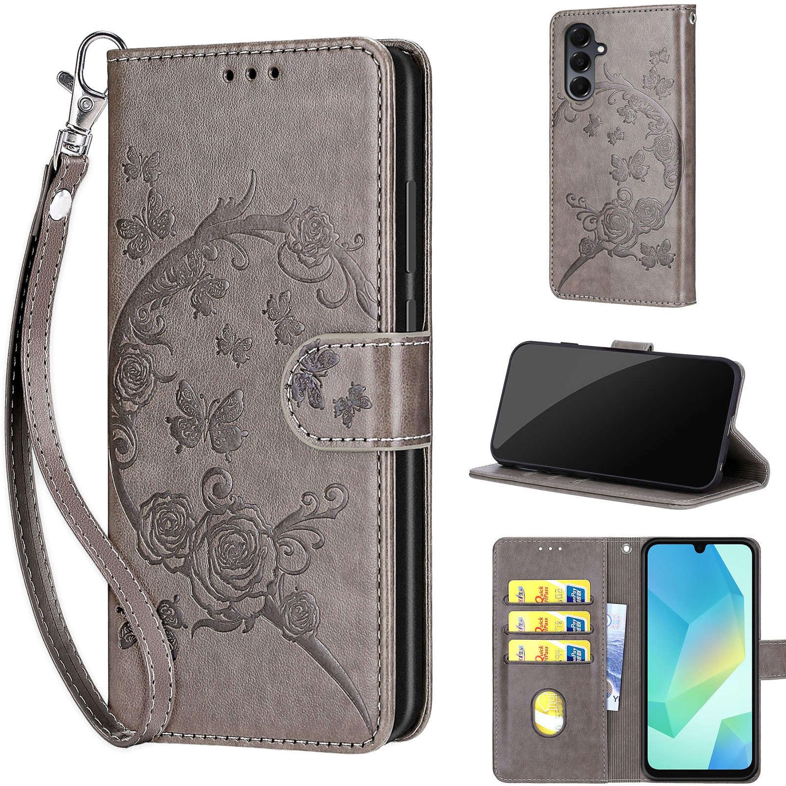 KENHONER Designed for Samsung Galaxy A16 5G Case Wallet,Women Flip Folio Cover with Embossed PU Leather Stand Credit Card Holders Slots Wrist Strap Phone Case for Samsung Galaxy A16 (Gray Flower)