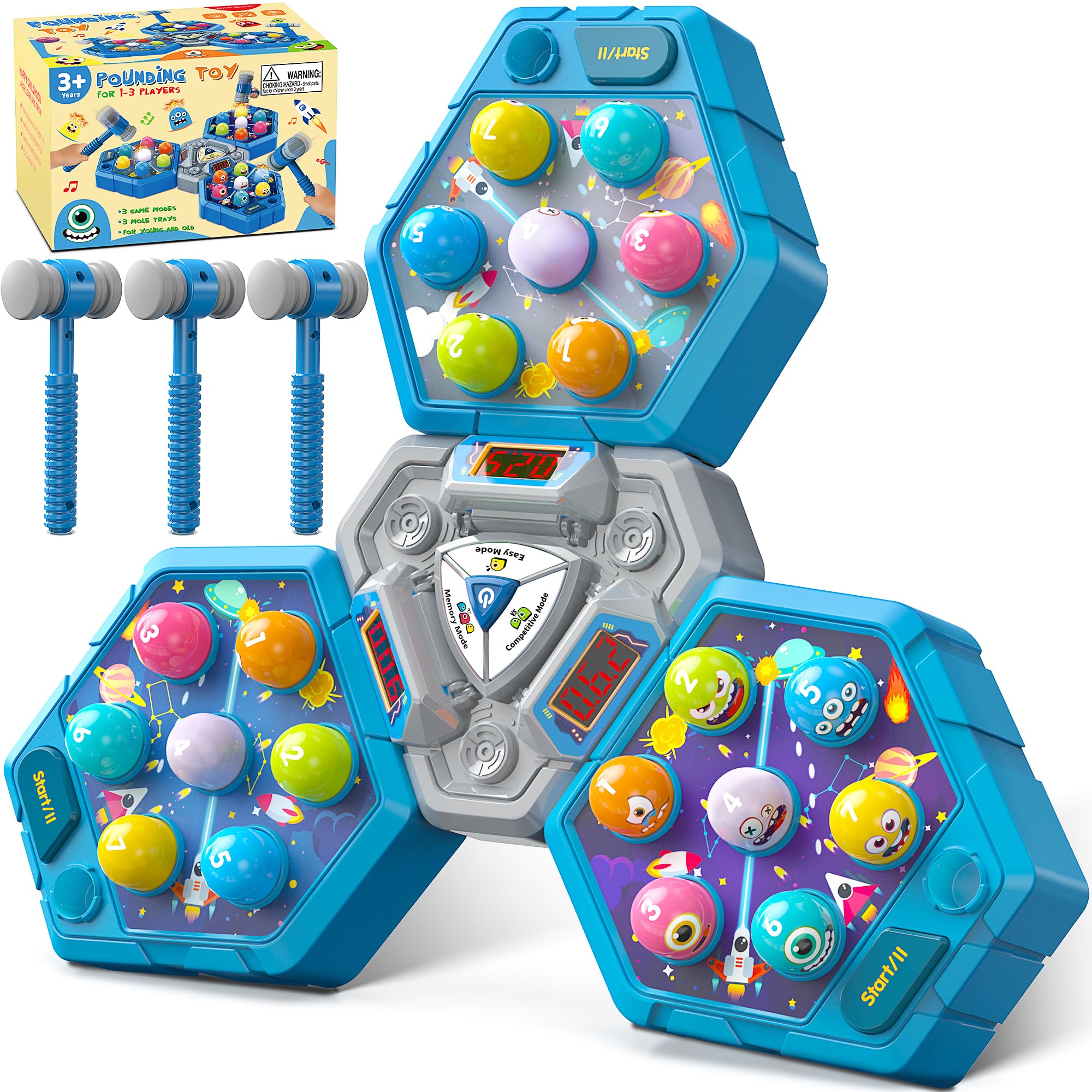 Photo 1 of 3-Player Whack Game Mole Toy for Ages 3+, Early Learning Toy with Lights & Sounds, Interactive Pounding Hammer Toy with 3 Game Modes, Perfect for Families with Multiple Kids of Different Ages