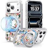 FEWGEY for iPhone 17 Pro Max Case with MagSafe Stand Ring for Women, Cute Clear Floral Design with 360° Kickstand Holder Magnetic Shock Proof Heavy-Duty Protection Pink Flower