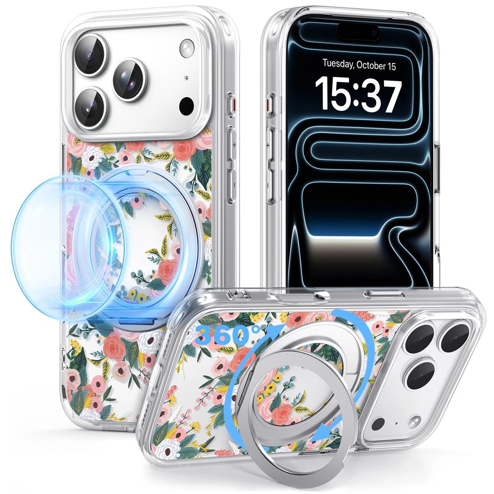 Photo 1 of FEWGEY for iPhone 17 Pro Max Case with MagSafe Stand Ring for Women, Cute Clear Floral Design with 360° Kickstand Holder Magnetic Shock Proof Heavy-Duty Protection Pink Flower
