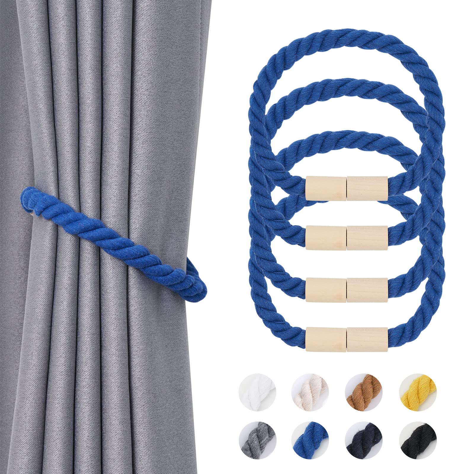 Pretty Jolly 4 Pack Wooden Magnetic Curtain Tiebacks Boho Home Decoration Drape Tie Backs Natural Cotton Handmade Rope Curtain Holdbacks for Thin or Thick Home & Office Window Drapery (Light Blue)