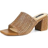 Ancomafio Heeled Sandals for Women，Raffia Sandals 2025 Chunky Heels Square Toe Mules Block Summer Shoes Slip On