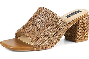 Ancomafio Heeled Sandals for Women，Raffia Sandals 2025 Chunky Heels Square Toe Mules Block Summer Shoes Slip On
