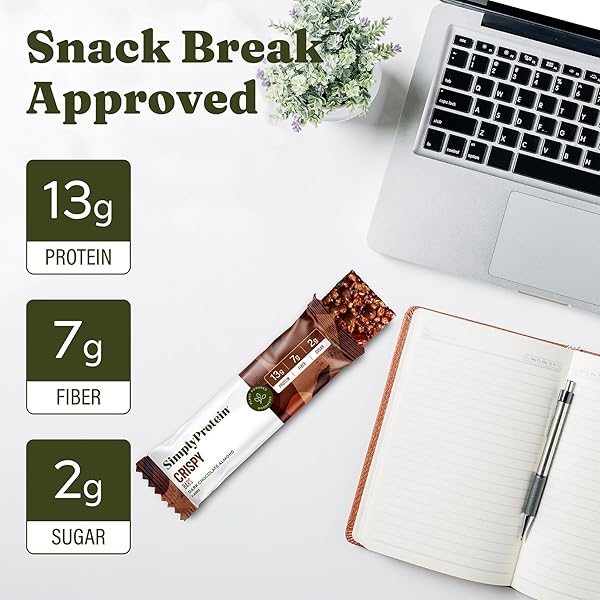 SIMPLY PROTEIN – DARK CHOCOLATE ALMOND CRISPY BARS – PLANT BASED PROTEIN BARS – LOW CARB, LOW SUGAR, HIGH FIBER – 13G PROTEIN, 2G SUGAR, 7G FIBER – VEGAN, GLUTEN FREE, NON GMO, KOSHER – 8 BARS