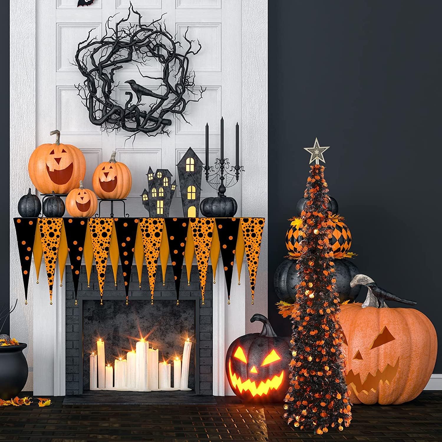Trees - 4FT Black Tinsel Halloween Tree with Pumpkin Sequin, Collapsible Pop Up Artificial Pencil Christmas Tree for Home Fireplace, Holiday Party Decoration