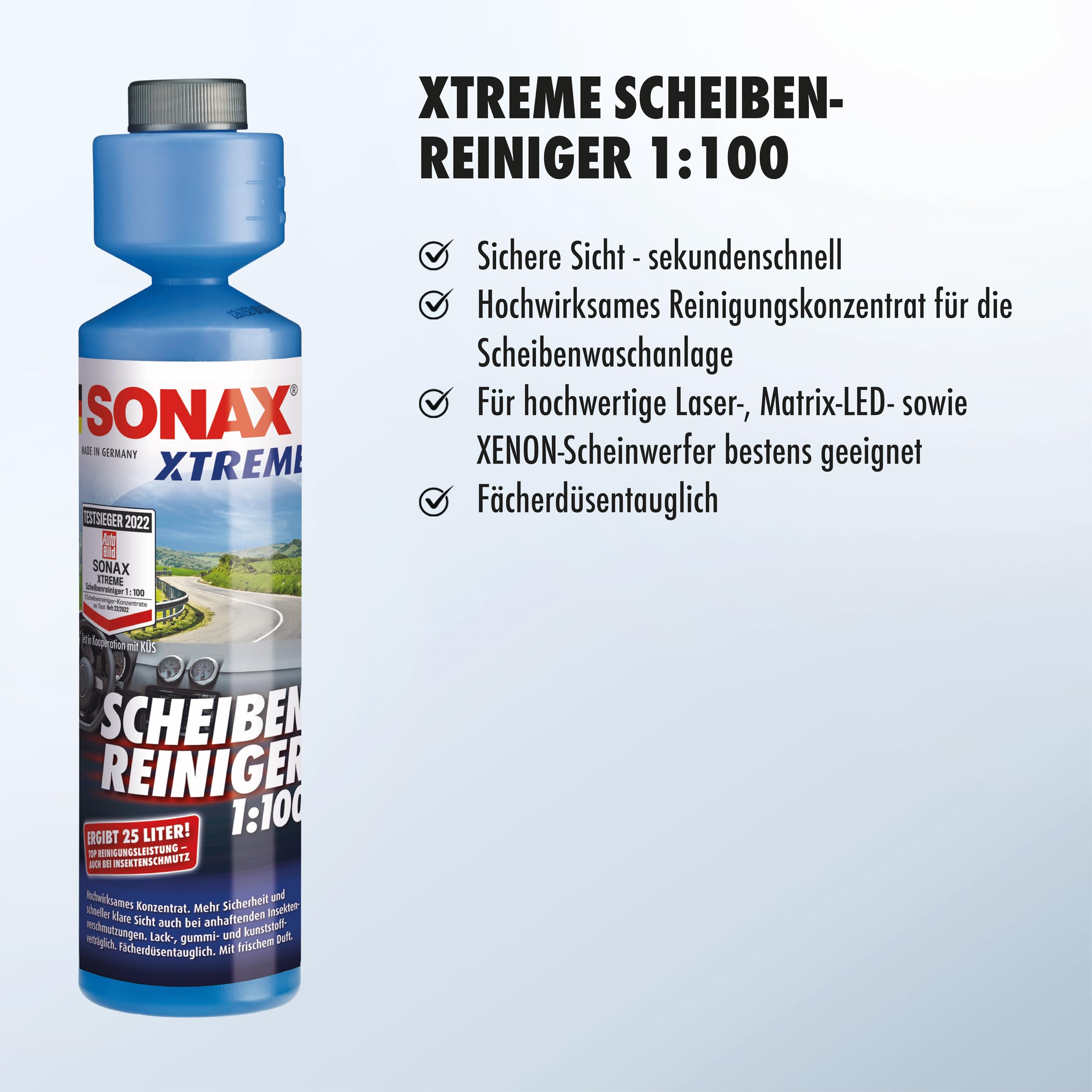 SONAX XTREME ScheibenReiniger 1:100 (250 ml) ergibt 25 Liter Reinigungsflüssigkeit und sorgt sekundenschnell für klare Sicht | Art-Nr. 02711410 3