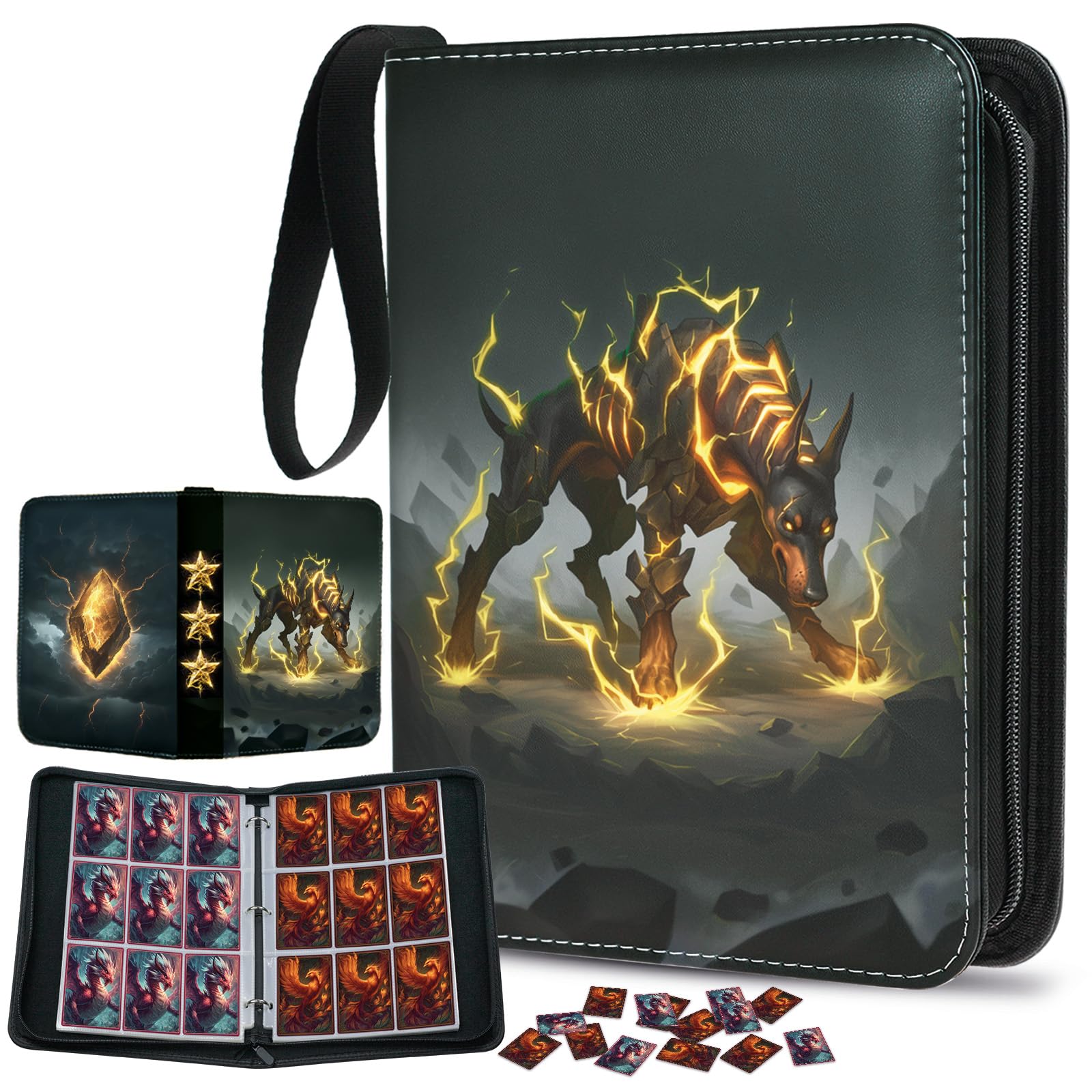 Trading Card Binder 9-Pocket Holds 900 Cards with 50 Removable Sleeves, Zipper PU Leather Collector Album Portable Card Holder with Wrist Strap, Gift for Boys Girls Kids Friends (Thunder Hound)