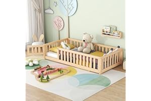 ROCKINGRUN Twin Size Montessori Floor Bed Frame with Safety Fence & Convertible Door, Toddler Playhouse Floor Bed with Sturdy Soild Wood Slats Guardrails for Girls, Boys, Child Bedroom, Kids Playroom (Natural)