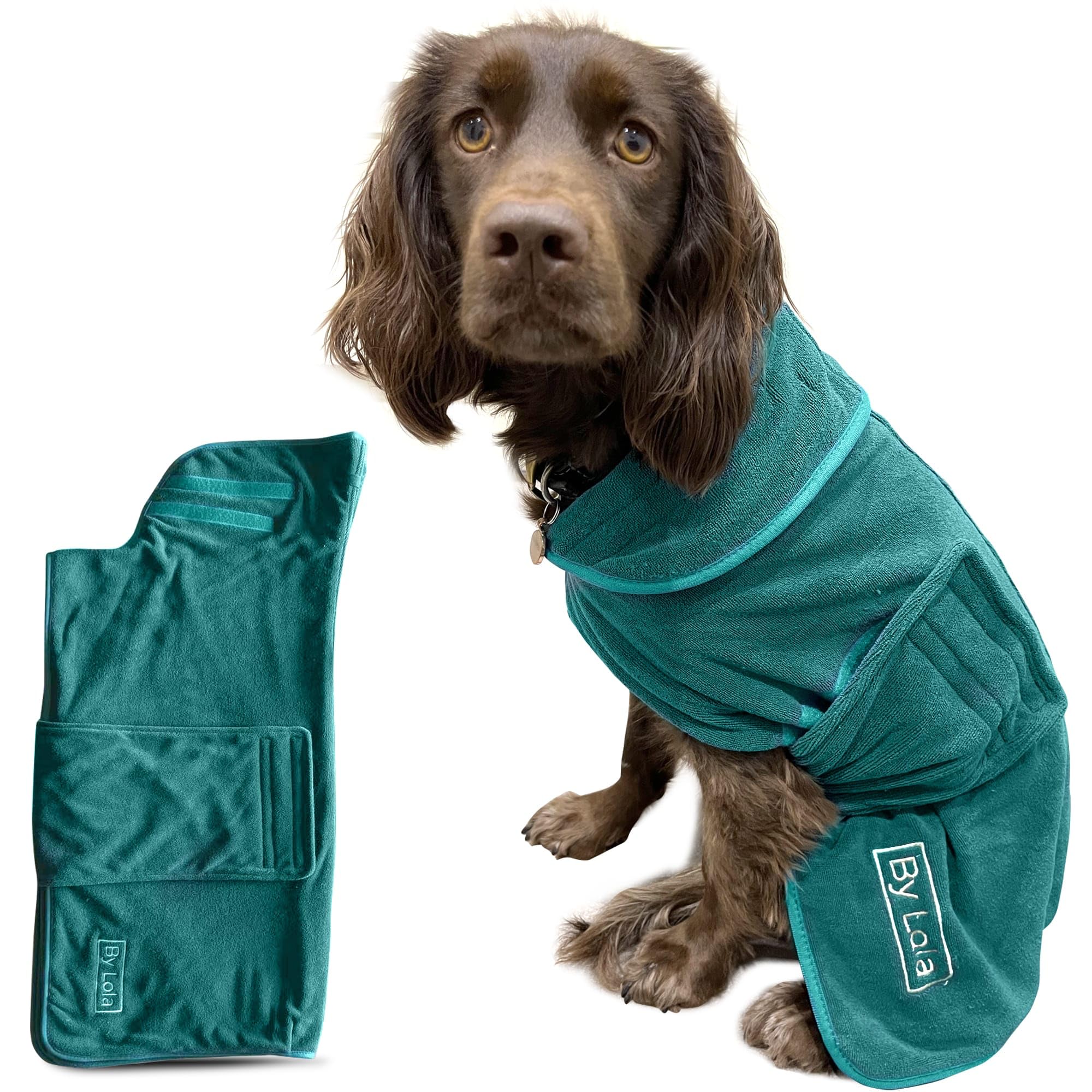 By Lola® - Dog Drying Coat and Robe, Fast-Drying Super Absorbent Pet Towelling Gown - Green (Large)
