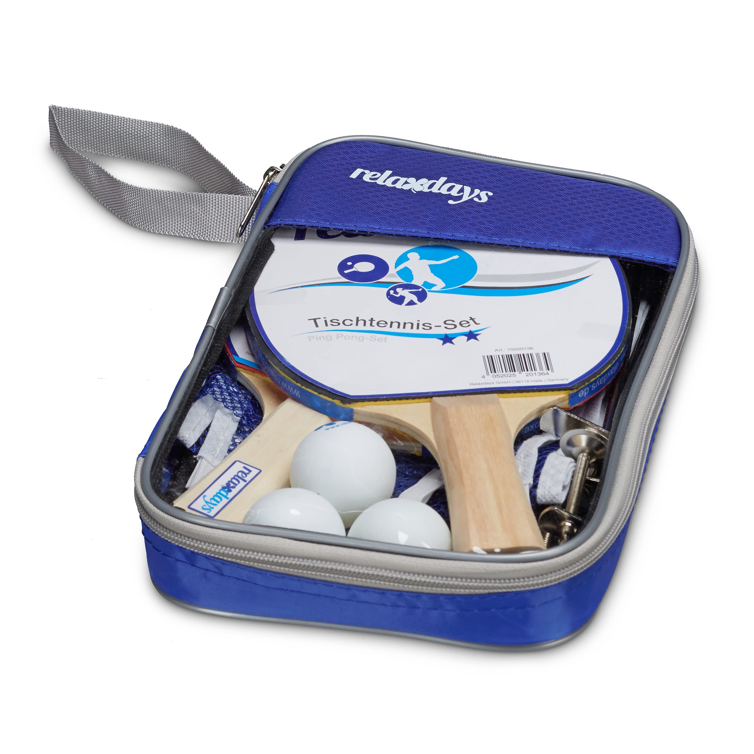 Relaxdays Table Tennis Set, Ping Pong Kit, with 2 Paddles, Net & 3 Balls, Transport Bag HxWxD 27 x 18 x 4 cm, Game, Blue