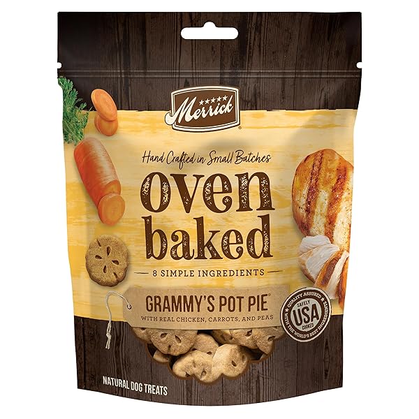 MERRICK OVEN BAKED NATURAL AND CRUNCHY BAG OF TREATS, DOG CHICKEN TREATS, GRAMMY’S POT PIE WITH REAL CHICKEN – 11 OZ. BAG